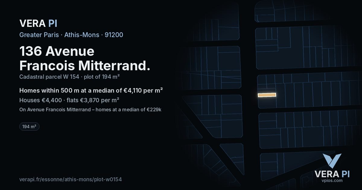 136 Avenue Francois Mitterrand, Athis-Mons at night – the plot lit, the parcels around coloured by the prices near them