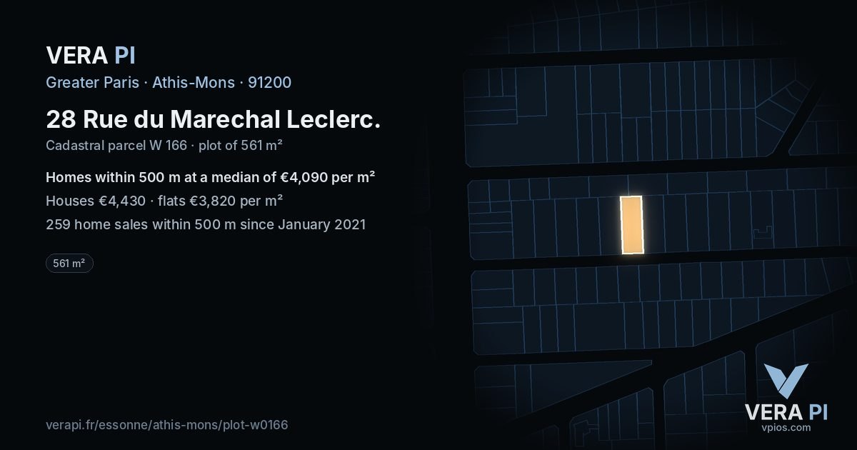 28 Rue du Marechal Leclerc, Athis-Mons at night – the plot lit, the parcels around coloured by the prices near them