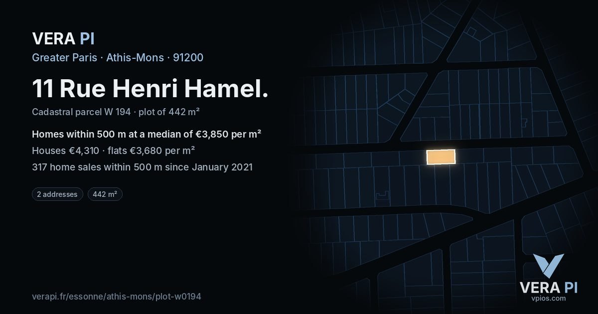 11 Rue Henri Hamel, Athis-Mons at night – the plot lit, the parcels around coloured by the prices near them