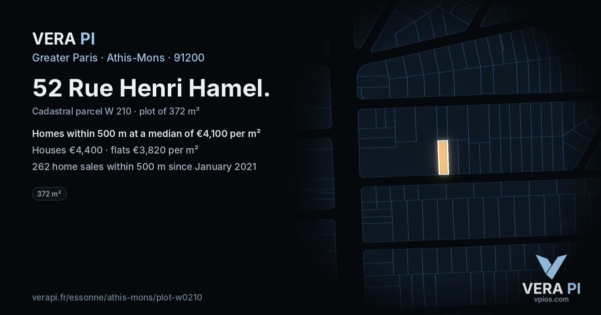 52 Rue Henri Hamel, Athis-Mons at night – the plot lit, the parcels around coloured by the prices near them