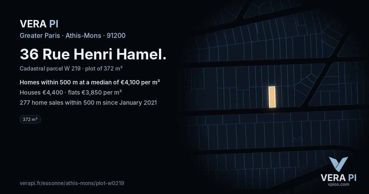 36 Rue Henri Hamel, Athis-Mons at night – the plot lit, the parcels around coloured by the prices near them