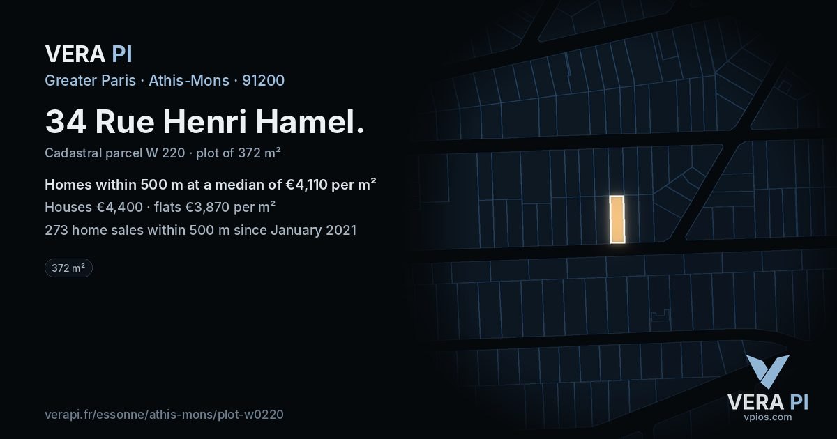 34 Rue Henri Hamel, Athis-Mons at night – the plot lit, the parcels around coloured by the prices near them