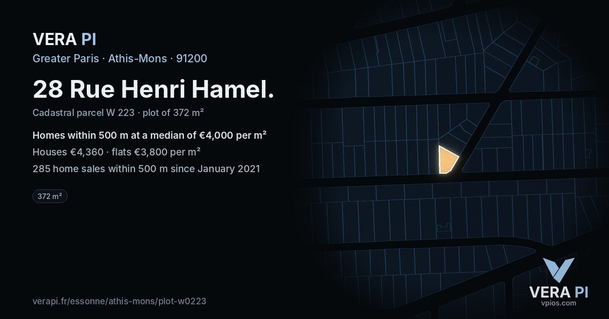28 Rue Henri Hamel, Athis-Mons at night – the plot lit, the parcels around coloured by the prices near them