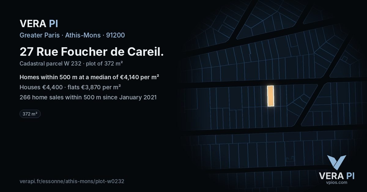 27 Rue Foucher de Careil, Athis-Mons at night – the plot lit, the parcels around coloured by the prices near them