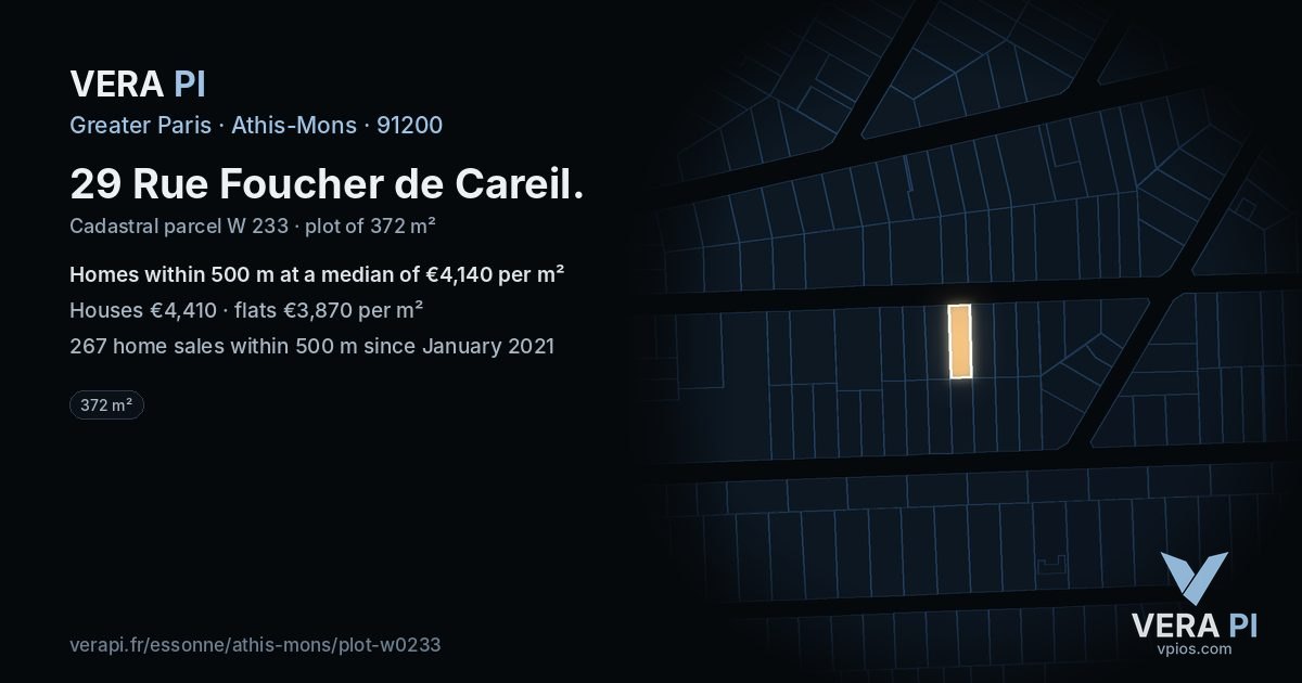 29 Rue Foucher de Careil, Athis-Mons at night – the plot lit, the parcels around coloured by the prices near them