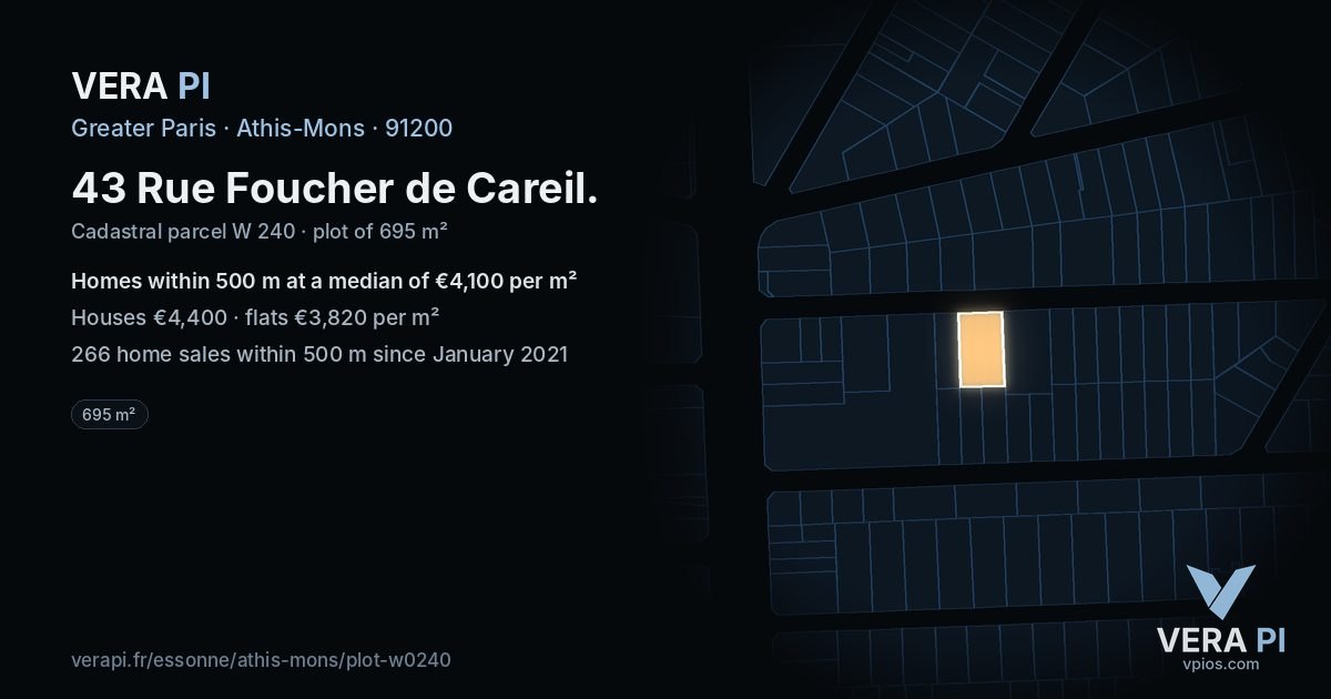 43 Rue Foucher de Careil, Athis-Mons at night – the plot lit, the parcels around coloured by the prices near them