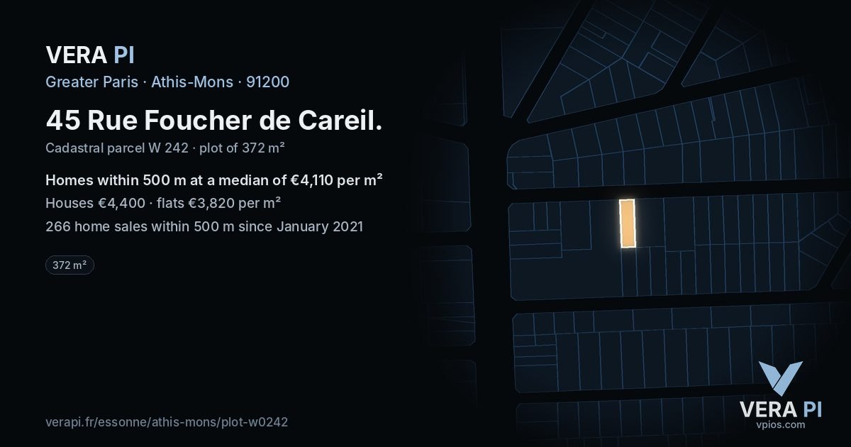 45 Rue Foucher de Careil, Athis-Mons at night – the plot lit, the parcels around coloured by the prices near them