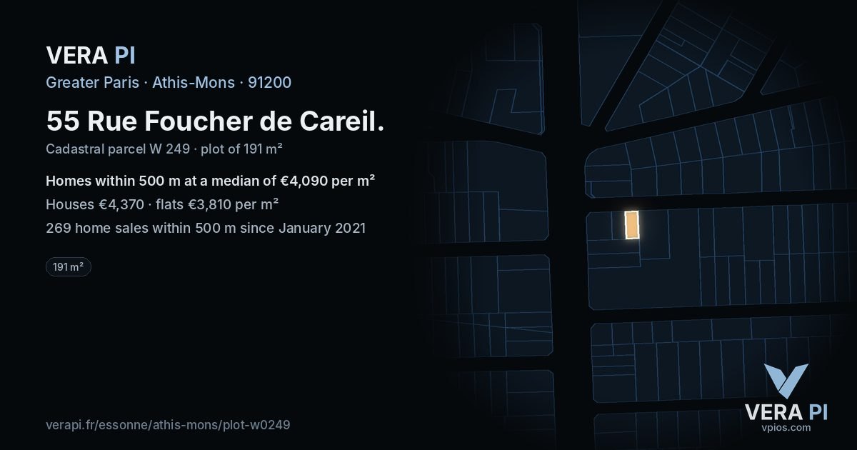 55 Rue Foucher de Careil, Athis-Mons at night – the plot lit, the parcels around coloured by the prices near them