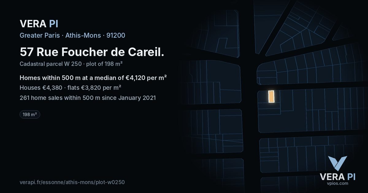 57 Rue Foucher de Careil, Athis-Mons at night – the plot lit, the parcels around coloured by the prices near them