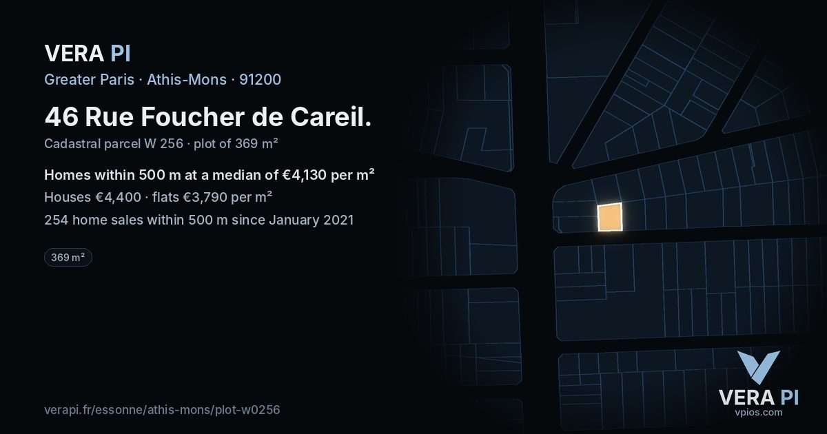 46 Rue Foucher de Careil, Athis-Mons at night – the plot lit, the parcels around coloured by the prices near them
