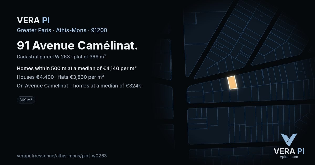 91 Avenue Camélinat, Athis-Mons at night – the plot lit, the parcels around coloured by the prices near them