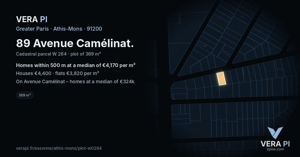 89 Avenue Camélinat, Athis-Mons at night – the plot lit, the parcels around coloured by the prices near them