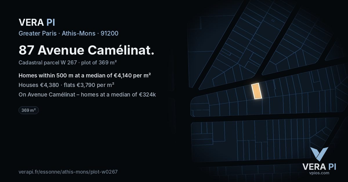 87 Avenue Camélinat, Athis-Mons at night – the plot lit, the parcels around coloured by the prices near them