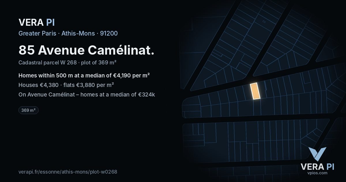 85 Avenue Camélinat, Athis-Mons at night – the plot lit, the parcels around coloured by the prices near them