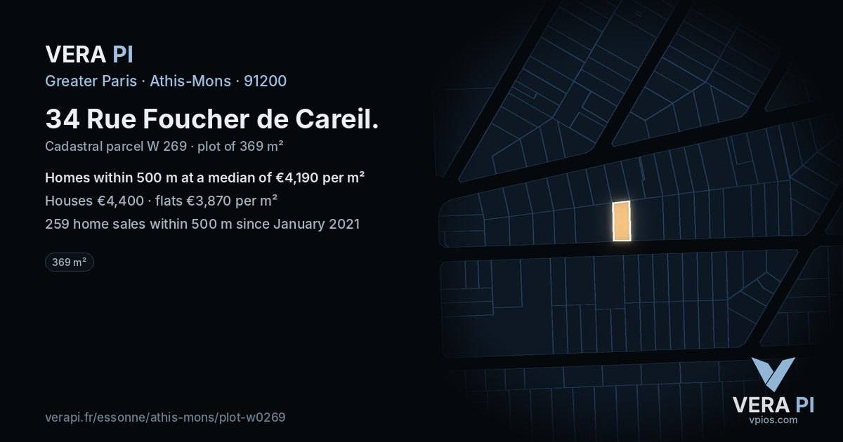 34 Rue Foucher de Careil, Athis-Mons at night – the plot lit, the parcels around coloured by the prices near them