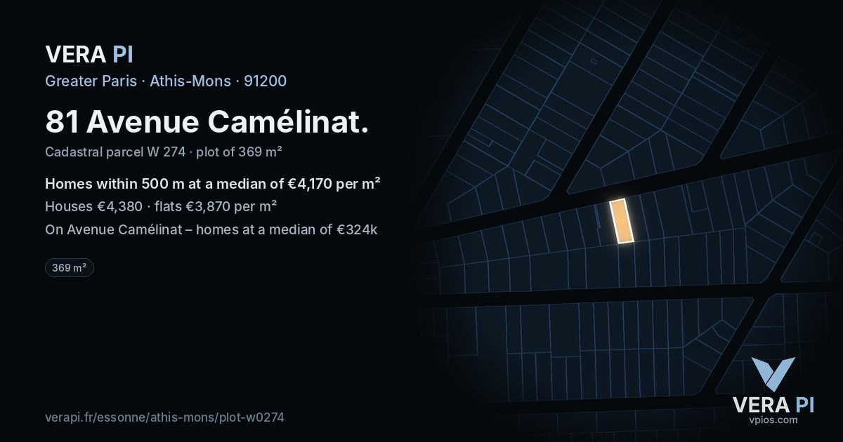 81 Avenue Camélinat, Athis-Mons at night – the plot lit, the parcels around coloured by the prices near them