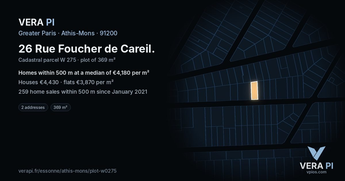 26 Rue Foucher de Careil, Athis-Mons at night – the plot lit, the parcels around coloured by the prices near them