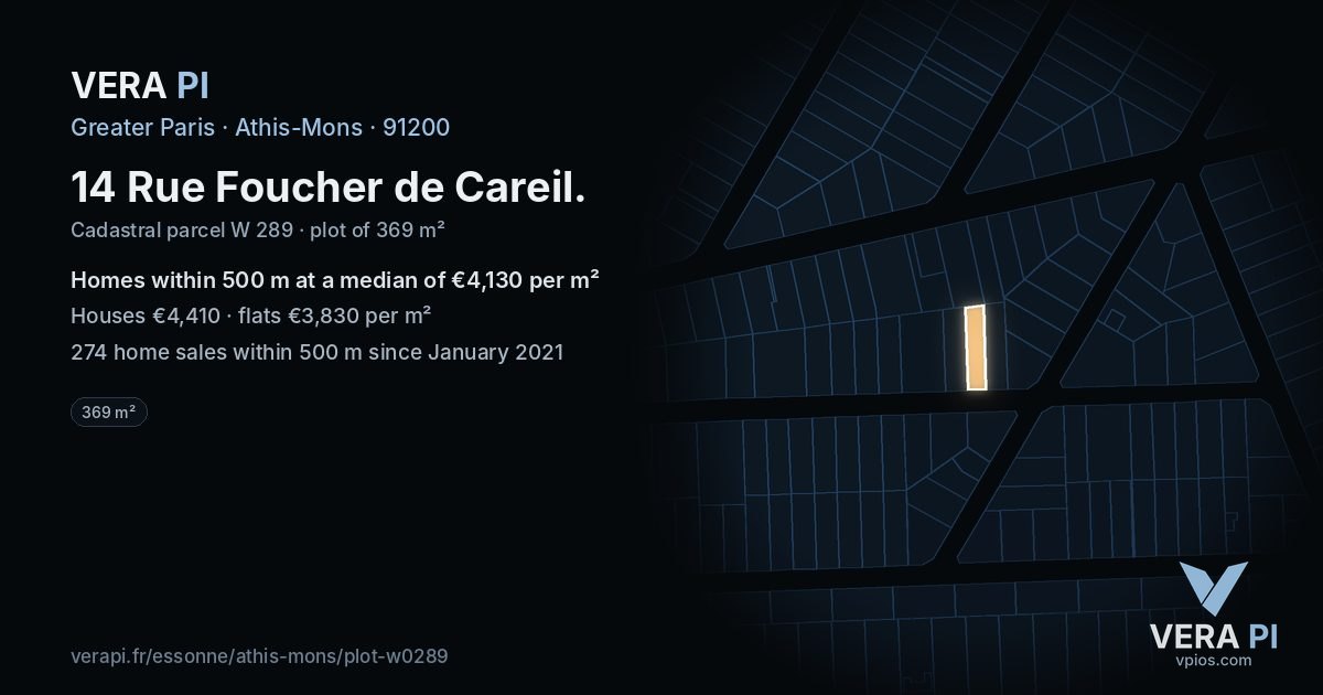 14 Rue Foucher de Careil, Athis-Mons at night – the plot lit, the parcels around coloured by the prices near them