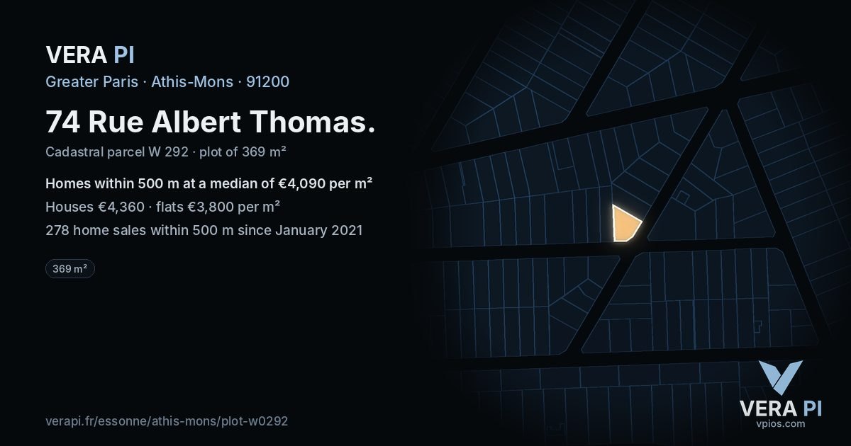 74 Rue Albert Thomas, Athis-Mons at night – the plot lit, the parcels around coloured by the prices near them