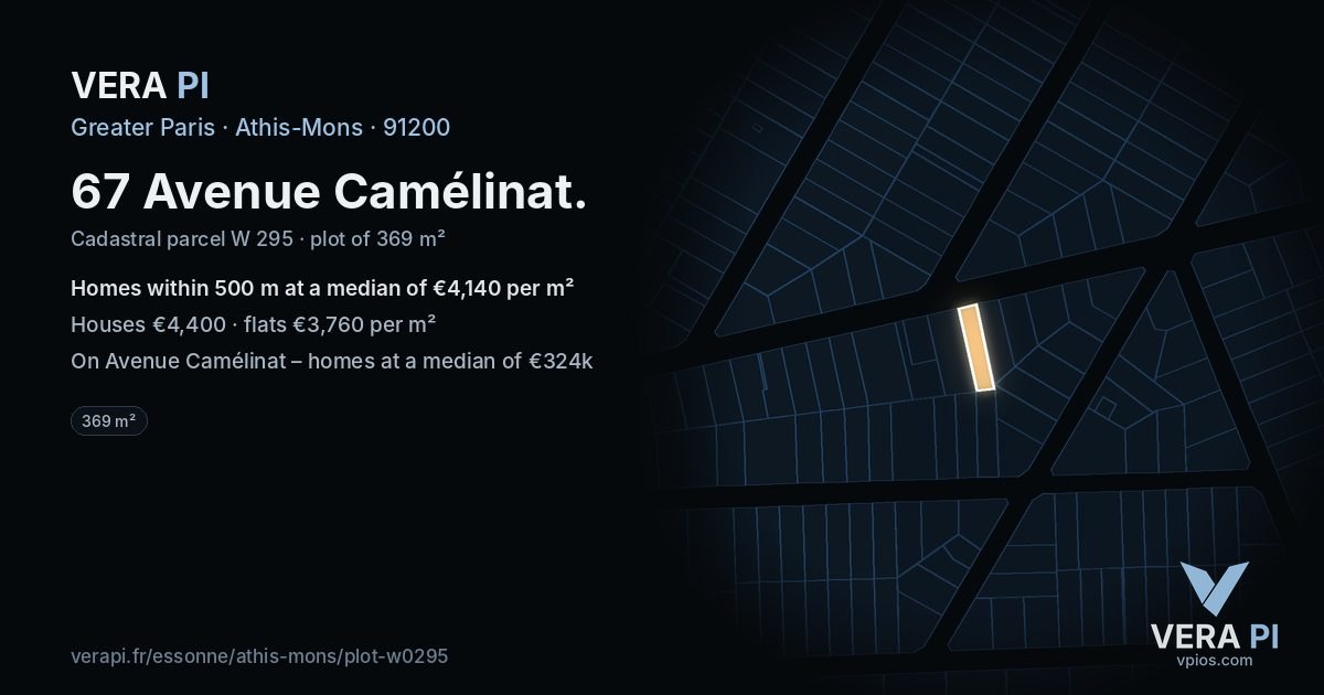 67 Avenue Camélinat, Athis-Mons at night – the plot lit, the parcels around coloured by the prices near them