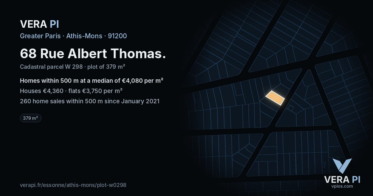 68 Rue Albert Thomas, Athis-Mons at night – the plot lit, the parcels around coloured by the prices near them