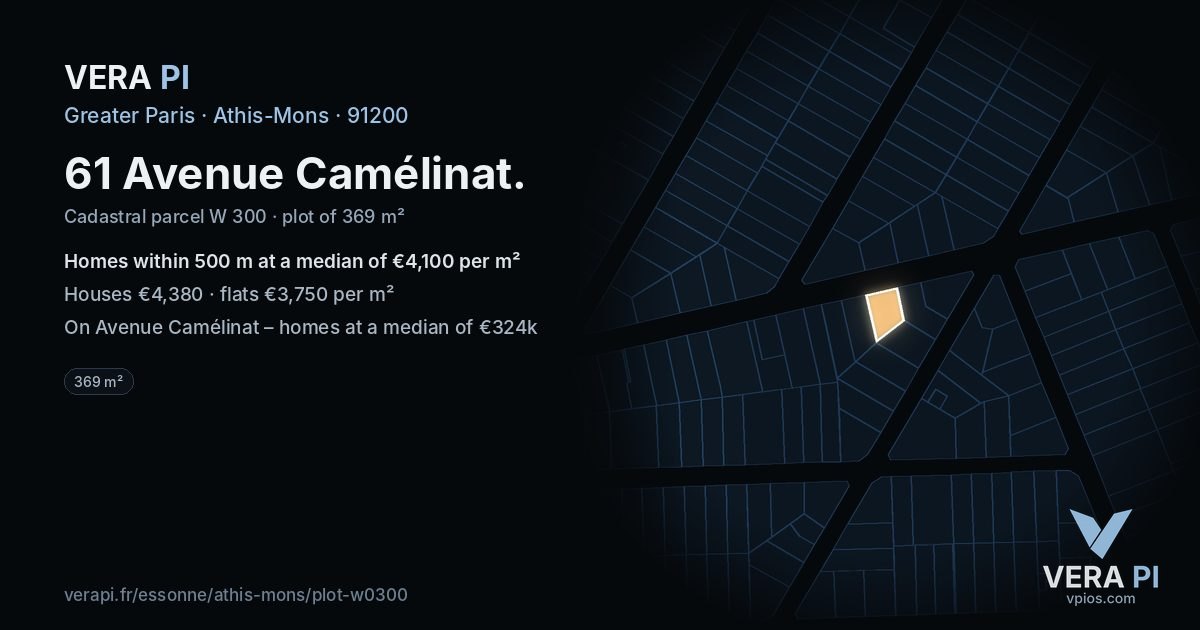 61 Avenue Camélinat, Athis-Mons at night – the plot lit, the parcels around coloured by the prices near them