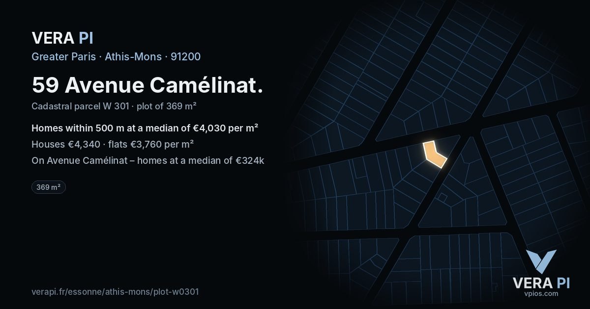 59 Avenue Camélinat, Athis-Mons at night – the plot lit, the parcels around coloured by the prices near them