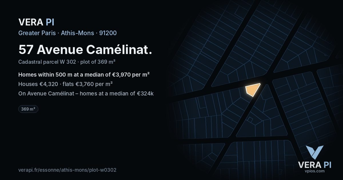 57 Avenue Camélinat, Athis-Mons at night – the plot lit, the parcels around coloured by the prices near them