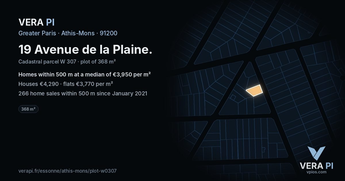 19 Avenue de la Plaine, Athis-Mons at night – the plot lit, the parcels around coloured by the prices near them