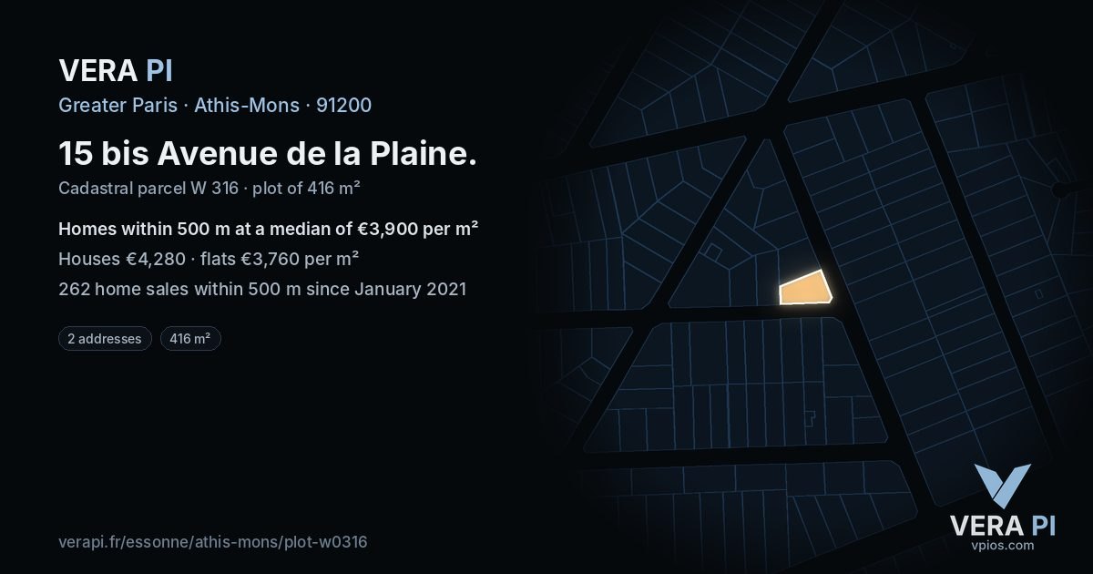 15 bis Avenue de la Plaine, Athis-Mons at night – the plot lit, the parcels around coloured by the prices near them