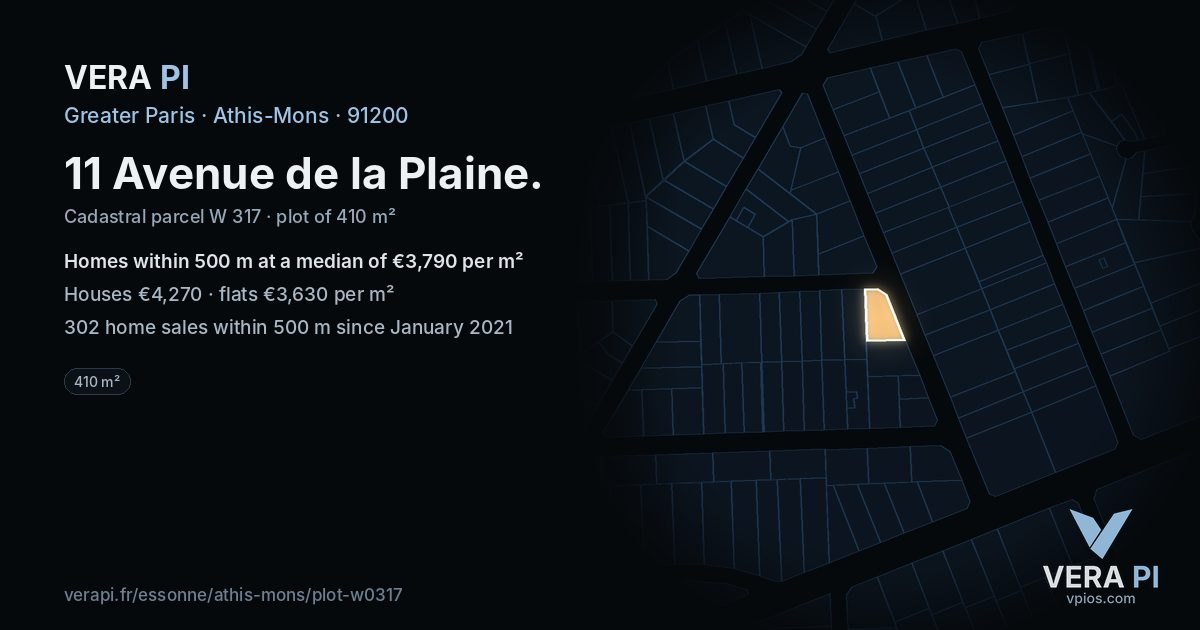 11 Avenue de la Plaine, Athis-Mons at night – the plot lit, the parcels around coloured by the prices near them