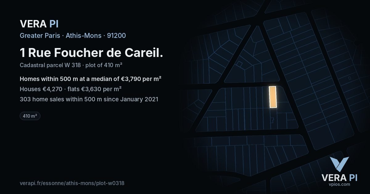 1 Rue Foucher de Careil, Athis-Mons at night – the plot lit, the parcels around coloured by the prices near them