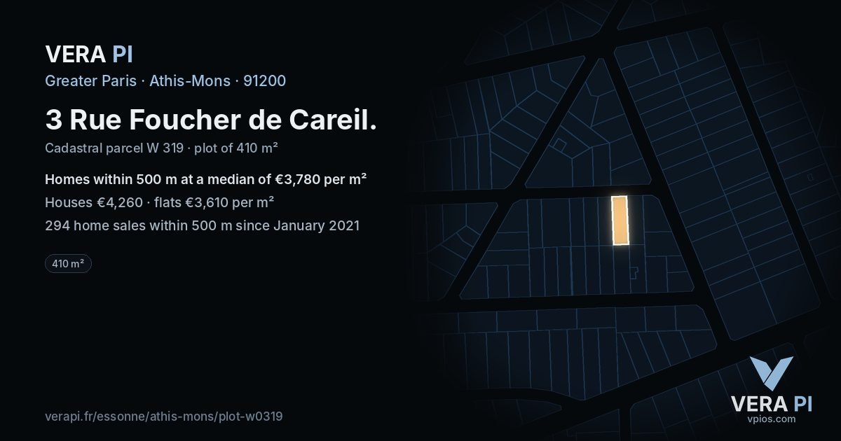 3 Rue Foucher de Careil, Athis-Mons at night – the plot lit, the parcels around coloured by the prices near them