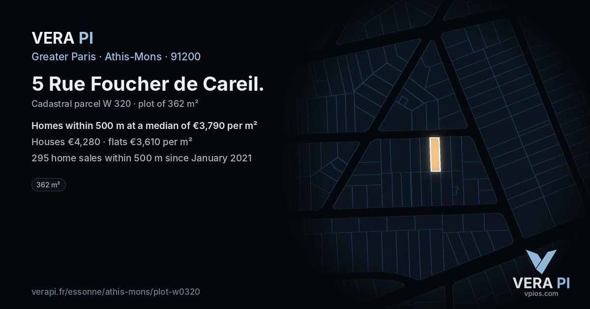 5 Rue Foucher de Careil, Athis-Mons at night – the plot lit, the parcels around coloured by the prices near them
