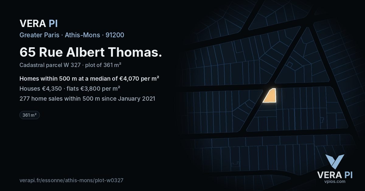 65 Rue Albert Thomas, Athis-Mons at night – the plot lit, the parcels around coloured by the prices near them