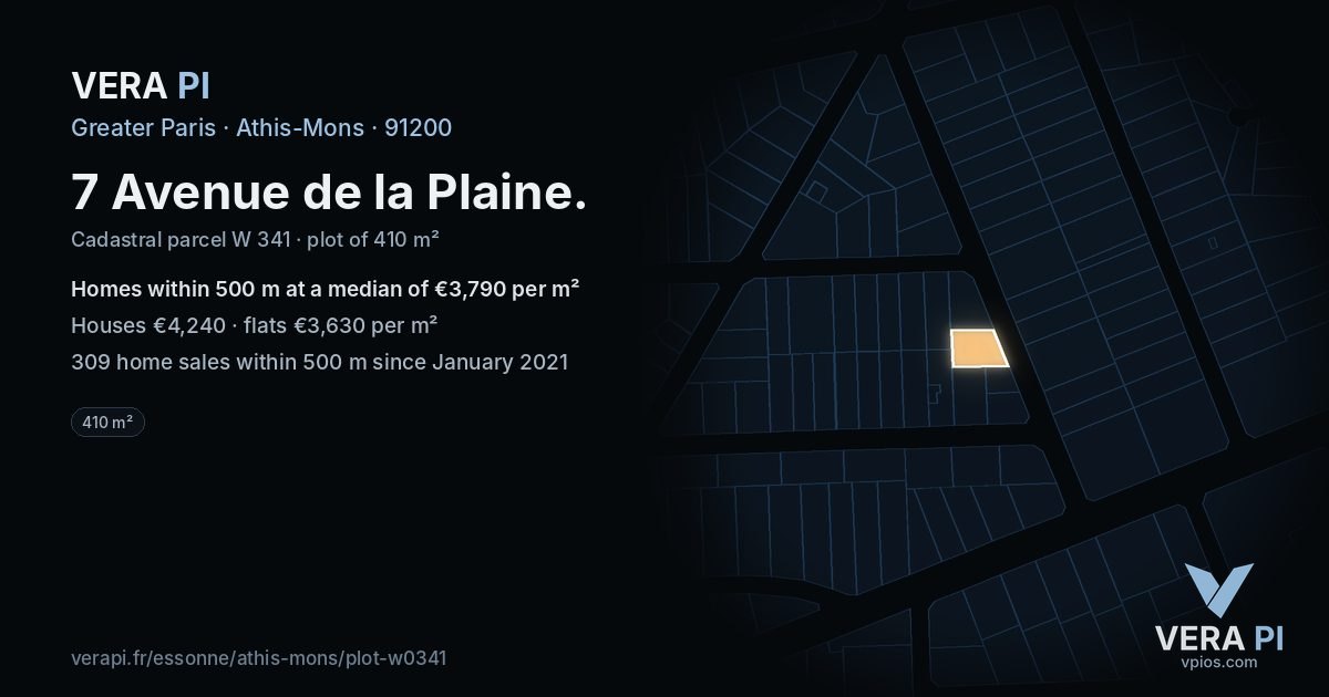 7 Avenue de la Plaine, Athis-Mons at night – the plot lit, the parcels around coloured by the prices near them