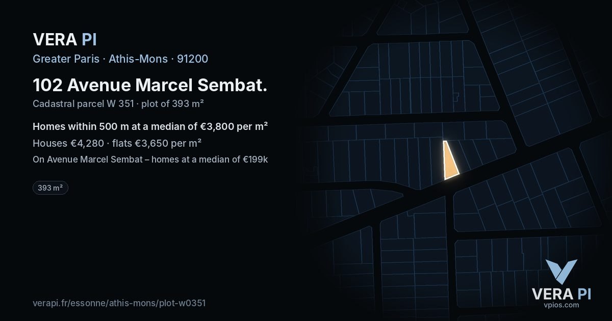 102 Avenue Marcel Sembat, Athis-Mons at night – the plot lit, the parcels around coloured by the prices near them