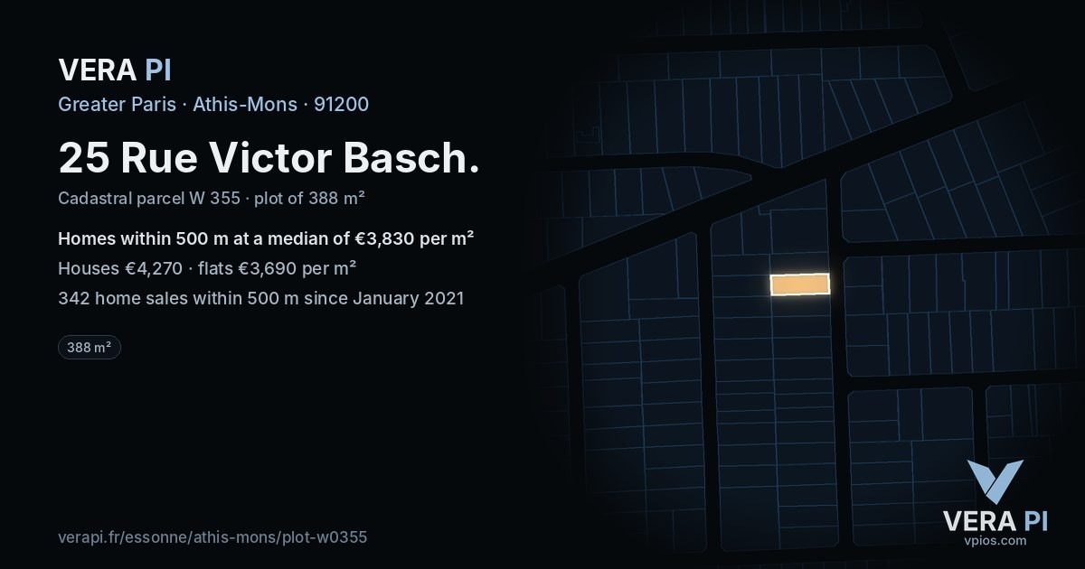 25 Rue Victor Basch, Athis-Mons at night – the plot lit, the parcels around coloured by the prices near them