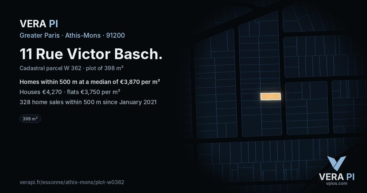 11 Rue Victor Basch, Athis-Mons at night – the plot lit, the parcels around coloured by the prices near them