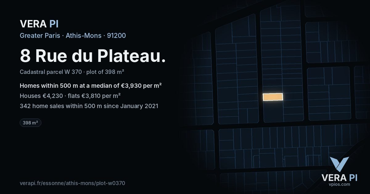 8 Rue du Plateau, Athis-Mons at night – the plot lit, the parcels around coloured by the prices near them
