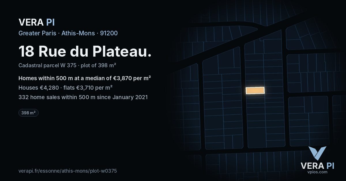 18 Rue du Plateau, Athis-Mons at night – the plot lit, the parcels around coloured by the prices near them