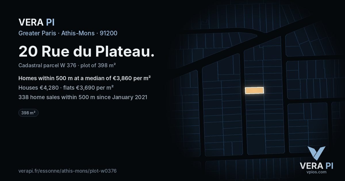 20 Rue du Plateau, Athis-Mons at night – the plot lit, the parcels around coloured by the prices near them