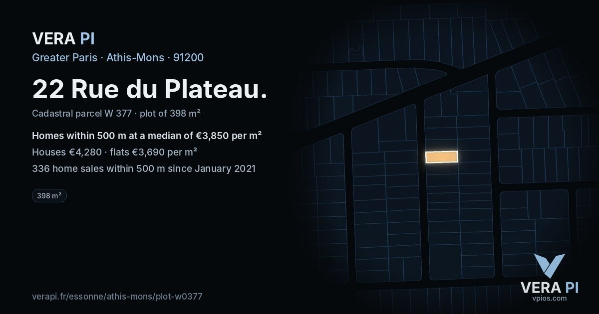 22 Rue du Plateau, Athis-Mons at night – the plot lit, the parcels around coloured by the prices near them