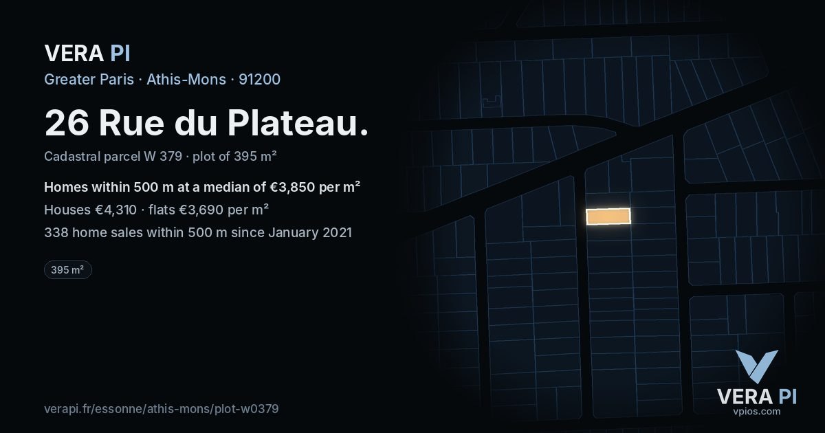 26 Rue du Plateau, Athis-Mons at night – the plot lit, the parcels around coloured by the prices near them
