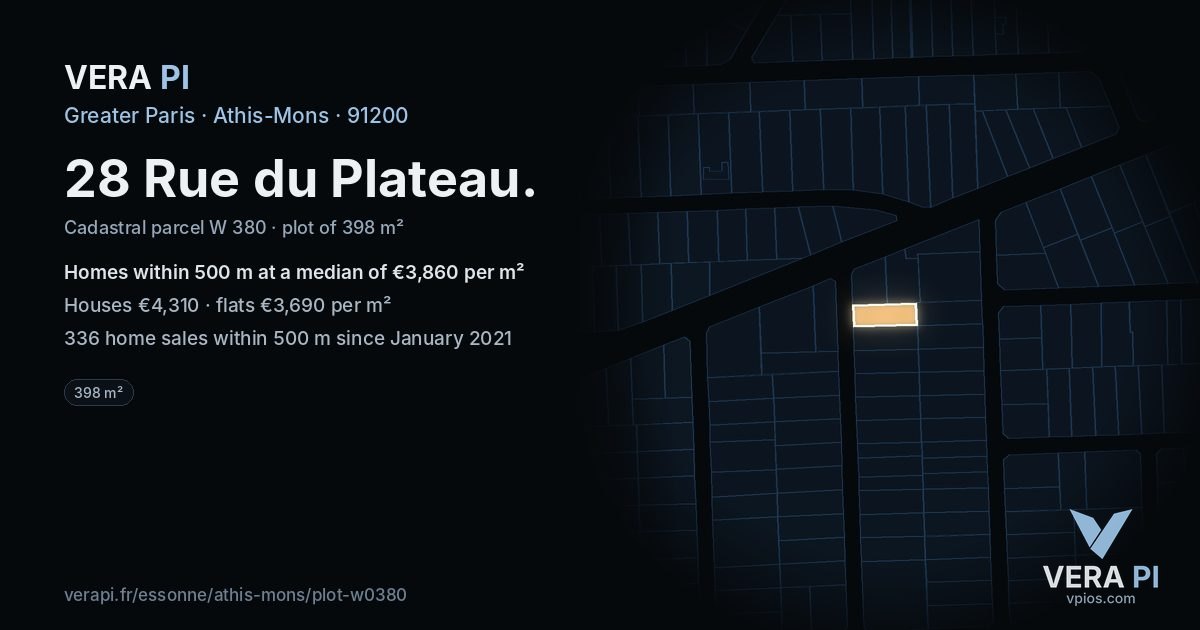 28 Rue du Plateau, Athis-Mons at night – the plot lit, the parcels around coloured by the prices near them