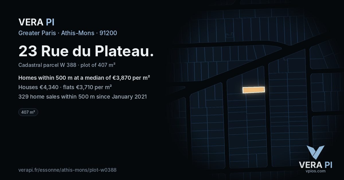 23 Rue du Plateau, Athis-Mons at night – the plot lit, the parcels around coloured by the prices near them