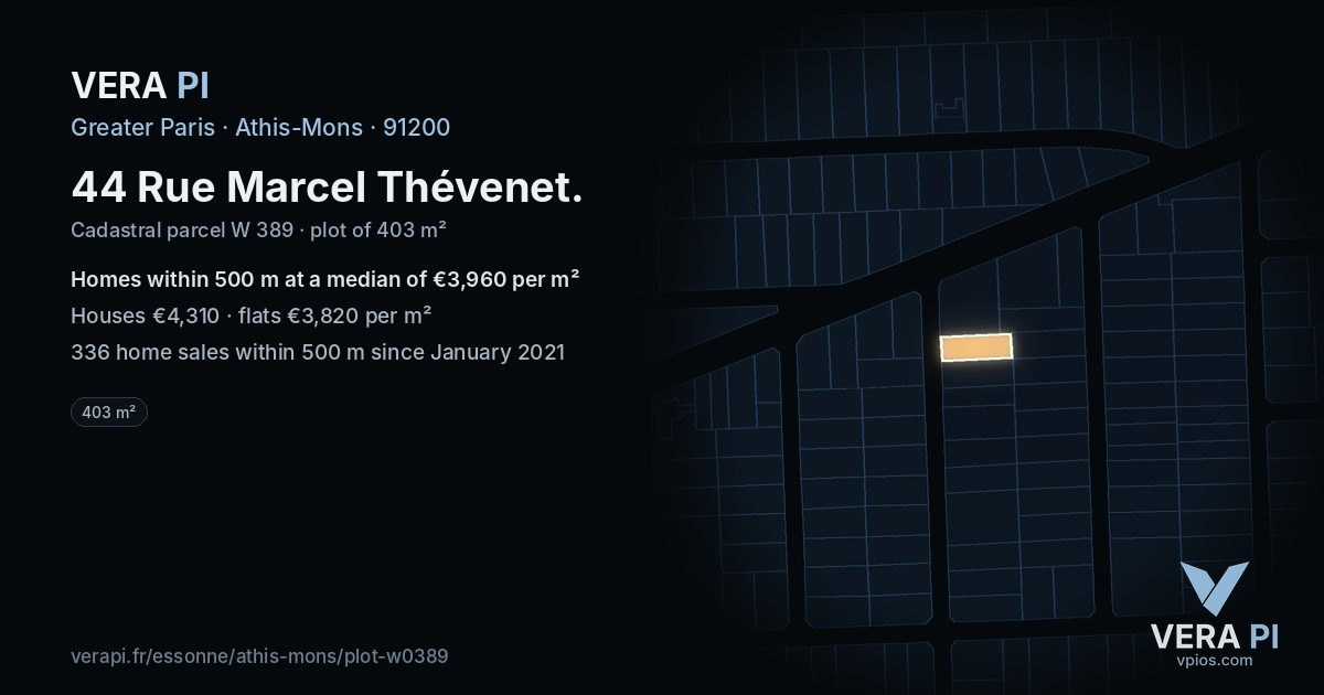44 Rue Marcel Thévenet, Athis-Mons at night – the plot lit, the parcels around coloured by the prices near them