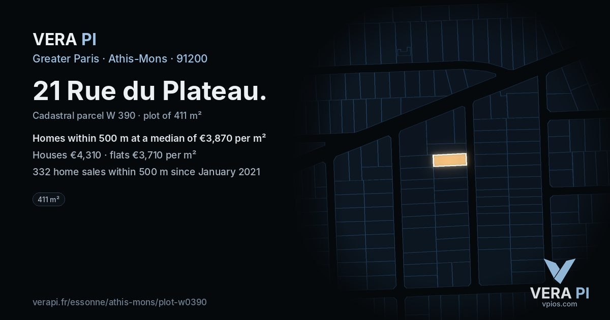 21 Rue du Plateau, Athis-Mons at night – the plot lit, the parcels around coloured by the prices near them