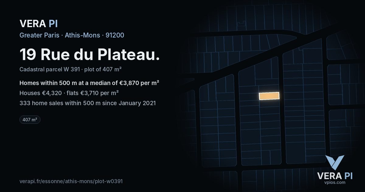 19 Rue du Plateau, Athis-Mons at night – the plot lit, the parcels around coloured by the prices near them