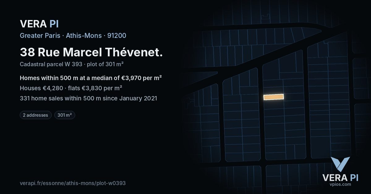 38 Rue Marcel Thévenet, Athis-Mons at night – the plot lit, the parcels around coloured by the prices near them